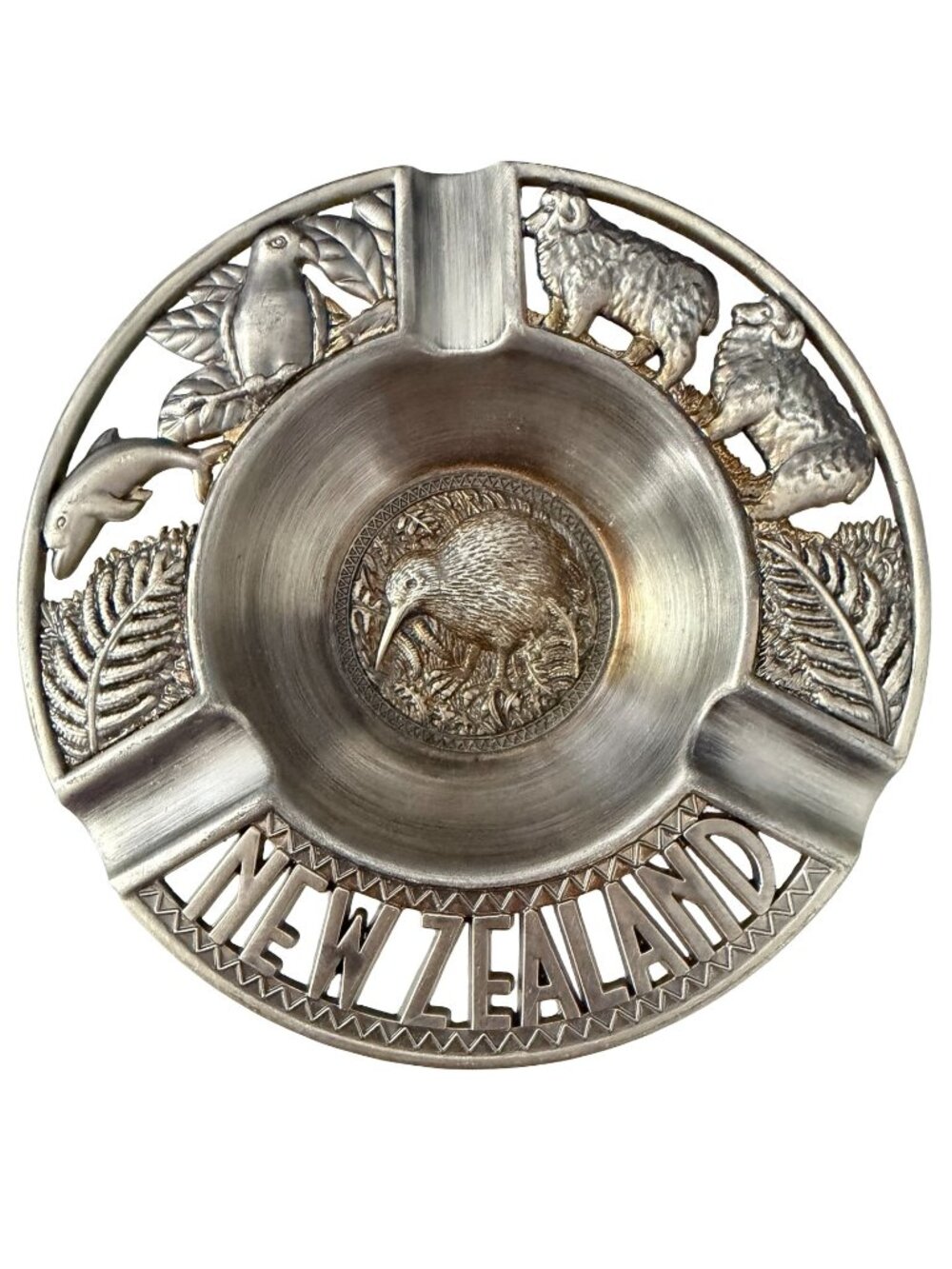 Vintage Style New Zealand Kiwi Sheep Dolphin Fern Silver Tone Souvenir Ashtray 5